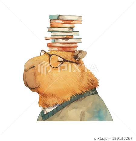 Capybara with glasses and books balancing on head demonstrates intelligence in a whimsical setting 129133267