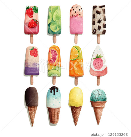 Colorful assortment of ice pops and cones displayed on a bright background during a summer afternoon 129133268