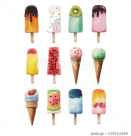Colorful assortment of ice pops and cones displayed on a bright background during a summer afternoon 129133269