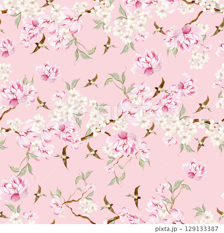 Chinoiserie floral seamless pattern with birds and flowers. 129133387
