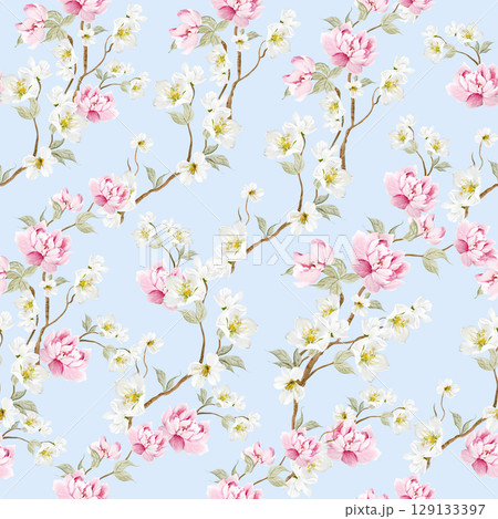 Chinoiserie floral seamless pattern with birds and flowers. 129133397
