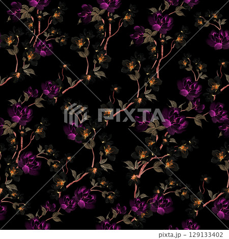 Chinoiserie floral seamless pattern with birds and flowers. 129133402