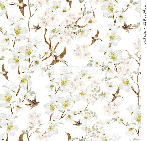 Chinoiserie floral seamless pattern with birds and flowers. 129133411