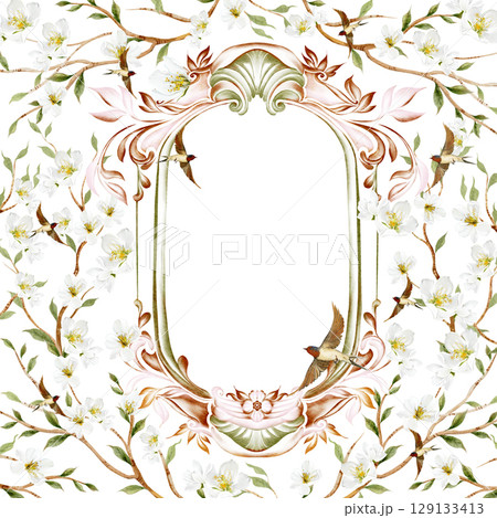 Chinoiserie floral wedding card with birds and flowers. 129133413