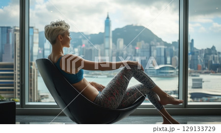 Woman relaxing by city view 129133729