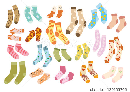 Large set of socks with colorful patterns isolated on white 129133766