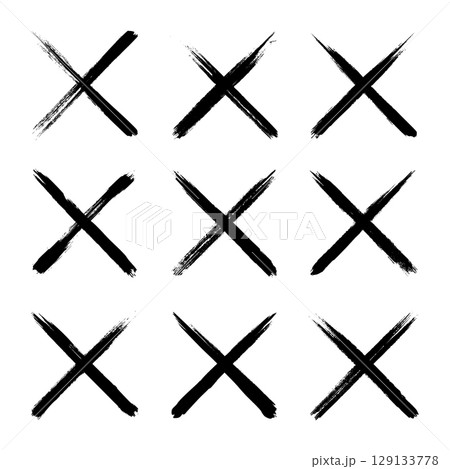 Grunge crosses, brush strokes, x mark, lines, ink smudges, hand-drawn scribble shapes. Handmade sketchy marks, acrylic stains, charcoal streaks. Paint textures, dry brush effect. Vector illustration Grunge crosses, brush strokes, x mark, lines, ink smudges, hand-drawn scribble shapes. Handmade sketchy marks, acrylic stains, charcoal streaks. Paint textures, dry brush effect. Vector illustration 129133778