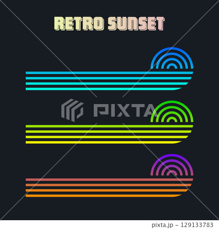 Vintage colorful sunset. Various gradient striped sunrise badges in 80s and 90s style. Sun and ocean view, summer vibes, surfing. Design element for print, logo or t-shirt. Vector illustration 129133783