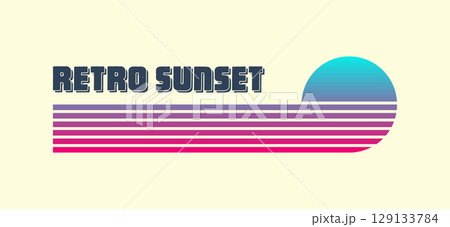Vintage colorful sunset. Various gradient striped sunrise badges in 80s and 90s style. Sun and ocean view, summer vibes, surfing. Design element for print, logo or t-shirt. Vector illustration 129133784
