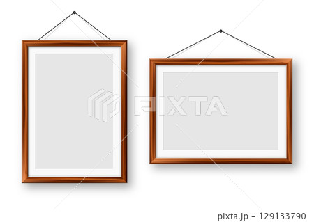 Realistic blank wooden picture frames collection. Modern poster mockup for artwork, photography, or advertising. Perfect for art galleries, interior decor, and branding. Vector illustration 129133790