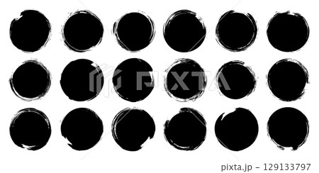 Grunge circles, brush strokes, lines, ink smudges, hand-drawn scribble shapes. Handmade sketchy marks, acrylic stains, charcoal streaks. Paint textures, dry brush effect. Vector illustration 129133797