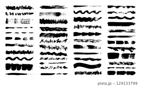 Grunge brush strokes, lines, ink smudges, hand-drawn scribble shapes. Handmade sketchy marks, acrylic stains, charcoal streaks. Paint textures, dry brush effect. Marker underline. Vector illustration 129133799