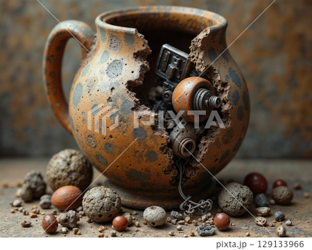 Broken ceramic jug with mechanical parts and stones 129133966