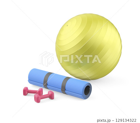 Pair of dumbbells, a rubber fitness mat, and an exercise ball 129134322
