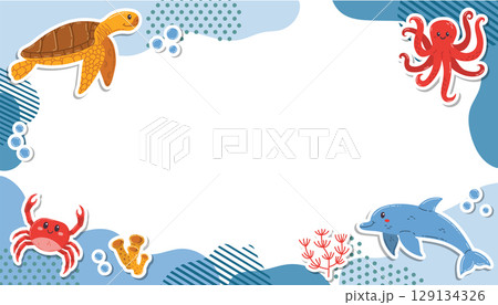 Cute rectangular frame with sea animals like turtle, dolphin, octopus, crab in flat cartoon style. 129134326