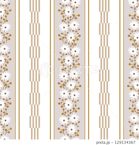 Rustic Romantic Meadow Flowers and Stripes Wallpaper Vector Seamless Pattern. Cottagecore Floral border print 129134367