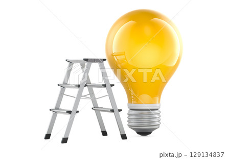 Path to ideas, growth mindset, creative progress and innovative thinking, concept. Step ladder and yellow light bulb. 3D rendering Path to ideas, growth mindset, creative progress and innovative thinking, concept. Step ladder and yellow light bulb. 3D rendering 129134837