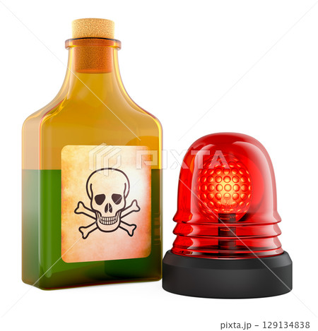 Poison bottle with red warning siren. 3D rendering 129134838