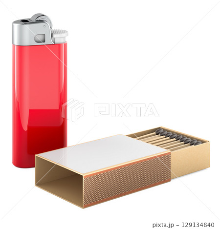Red lighter and box of matches. 3D rendering 129134840