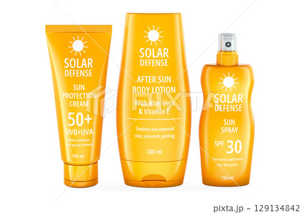 Sun protection cream, after sun lotion and sun spray. 3D rendering Sun protection cream, after sun lotion and sun spray. 3D rendering 129134842