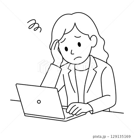 疲れた表情の若手女性（スーツ姿・線画） 129135169