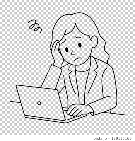 疲れた表情の若手女性（スーツ姿・線画） 129135169