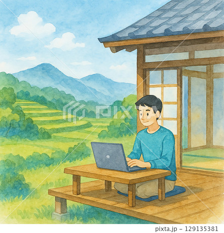 自然の中でテレワークをする男性のイラスト 129135381