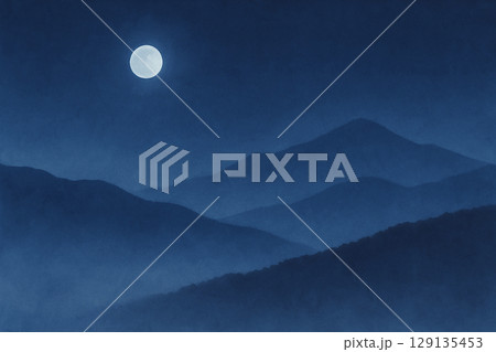 月夜の山並み背景イラスト（夜空・満月） 129135453