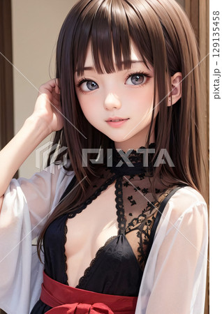 セクシーな和風ドレス姿の若い女性 129135458