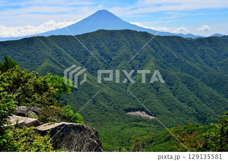 御坂山地の釈迦ヶ岳山頂より　夏富士山と緑の山稜 129135581