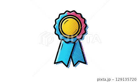 最高の栄誉！ポップアート風の優勝トロフィーとバッジ 129135720