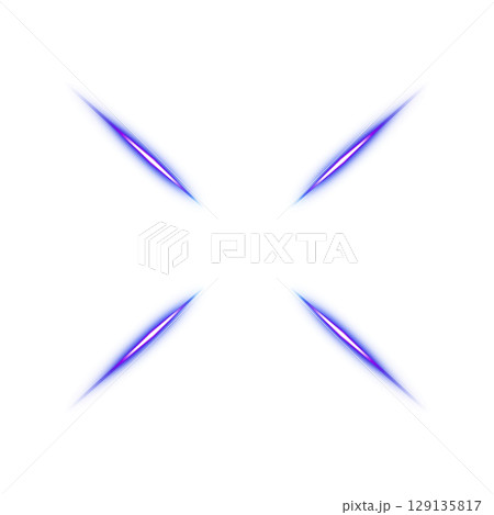 透明背景の青く輝く交差した光のブレード 129135817