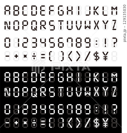 デジタル文字と数字。液晶モニターにアルファベット。時計の文字。黒の背景にデジタルのフォント。 デジタル文字と数字。液晶モニターにアルファベット。時計の文字。黒の背景にデジタルのフォント。 129135830