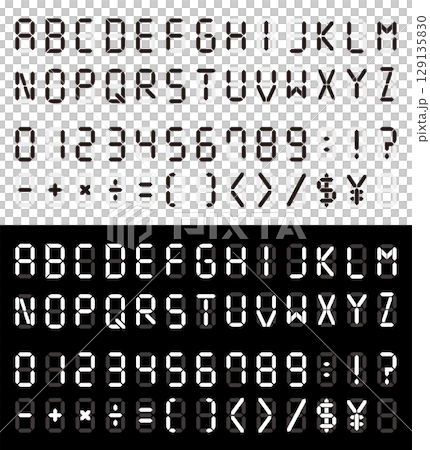 Digital letters and numbers. Alphabet on LCD monitor. Clock letters. Digital font on black background. Digital letters and numbers. Alphabet on LCD monitor. Clock letters. Digital font on black background. 129135830