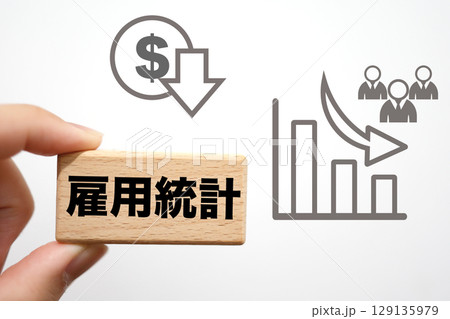 雇用統計の悪化を示す写真。棒グラフやドル硬貨の付属イラスト。 129135979