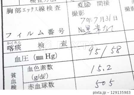 健康診断の血圧測定結果。収縮期95拡張期58の低血圧。 129135983