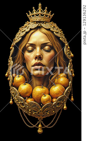 An artistically designed gold sculpture of a female head.  A still life of assorted objects and a female head, wearing a crown. 129136292