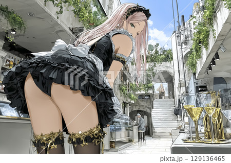 メイドカフェ　笑顔で働く若い女性のイラスト素材　振り向く 129136465