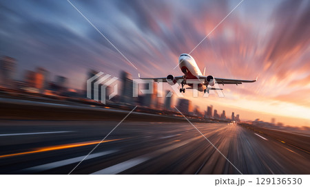 旅客機が都市の滑走路上を低空飛行 129136530