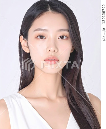 透明感のある美白肌が印象的な、日本人女性の自然な表情を捉えたクローズアップ。 透明感のある美白肌が印象的な、日本人女性の自然な表情を捉えたクローズアップ。 129136790