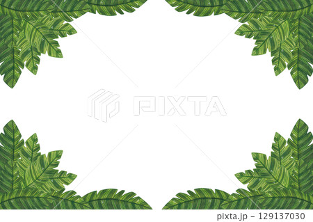 Rectangular frame with palm leaves around the perimeter. Watercolor illustration, hand drawn, cartoon. Drawing for photography, paper, cards, stickers. Plant, leaf, palm, frame Rectangular frame with palm leaves around the perimeter. Watercolor illustration, hand drawn, cartoon. Drawing for photography, paper, cards, stickers. Plant, leaf, palm, frame 129137030