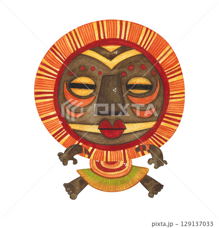 Jumping african aborigine in brown round mask with orange fringe. Watercolor illustration, hand drawn, cartoon. Drawing for poster, stickers, print. Africa, mask, funny, character 129137033