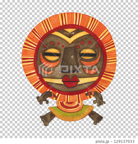 Jumping african aborigine in brown round mask with orange fringe. Watercolor illustration, hand drawn, cartoon. Drawing for poster, stickers, print. Africa, mask, funny, character Jumping african aborigine in brown round mask with orange fringe. Watercolor illustration, hand drawn, cartoon. Drawing for poster, stickers, print. Africa, mask, funny, character 129137033