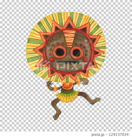 Dancing African aborigine in a round colorful mask and a straw skirt. Watercolor illustration hand drawn, cartoon. Drawing for poster, stickers, print. Africa, mask, funny, character Dancing African aborigine in a round colorful mask and a straw skirt. Watercolor illustration hand drawn, cartoon. Drawing for poster, stickers, print. Africa, mask, funny, character 129137034