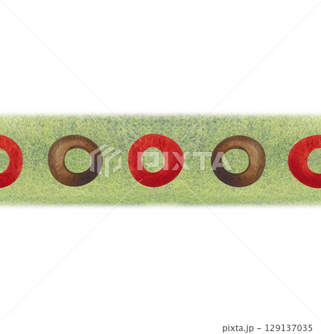 Seamless background border green color with a pattern of circles. Watercolor illustration hand-drawn with brushes, textured. Drawing for background, cards, textile, paper. Color, brush, texture 129137035