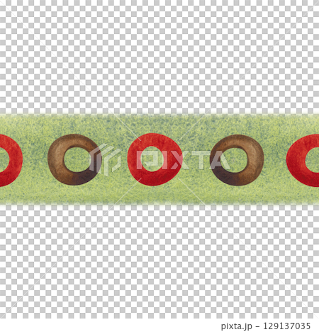 Seamless background border green color with a pattern of circles. Watercolor illustration hand-drawn with brushes, textured. Drawing for background, cards, textile, paper. Color, brush, texture 129137035