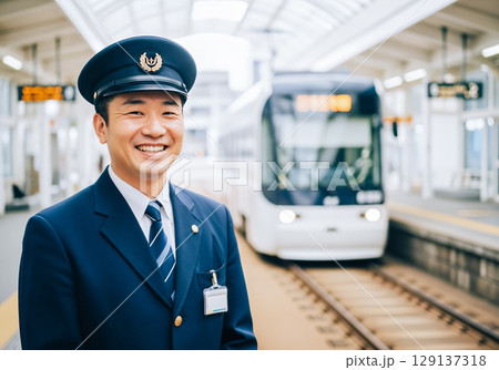 路面電車の鉄道会社で働く社員のポートレート 129137318