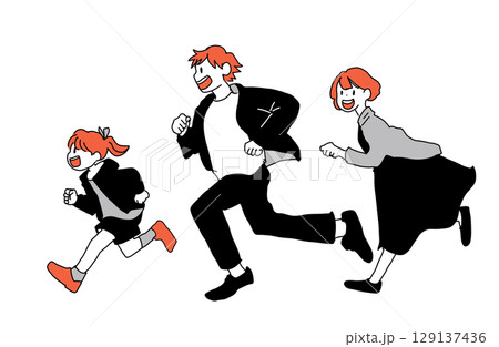 走る三人家族のイラスト（父・母・娘） 129137436