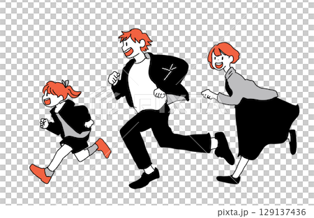 走る三人家族のイラスト（父・母・娘） 129137436