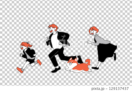 しば犬と一緒に走る家族のイラスト（父・母・娘・犬） 129137437
